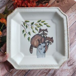 Vintage 1982 Handpainted Raccoon Animal SQUARE Ceramic Plate WILDLIFE WOODLAND